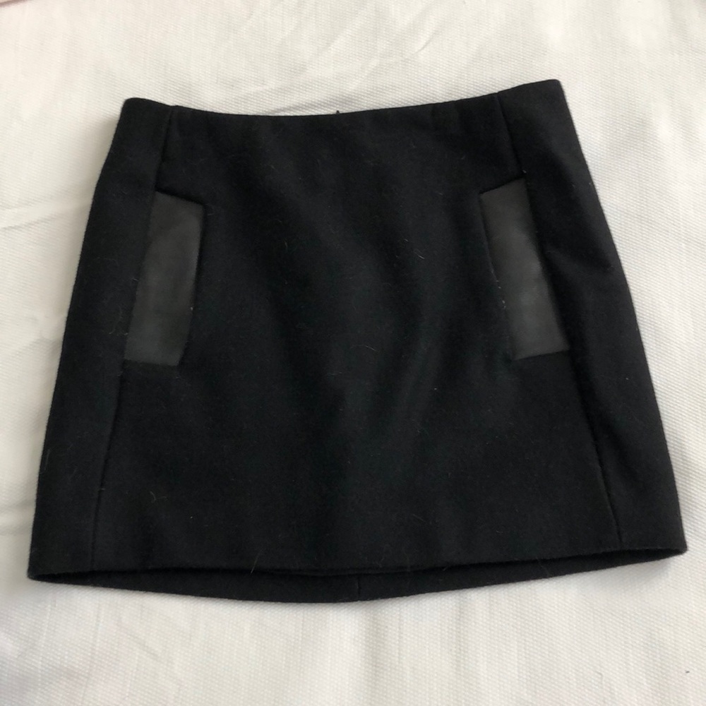 Maje leather-trimmed wool miniskirt, sz 34